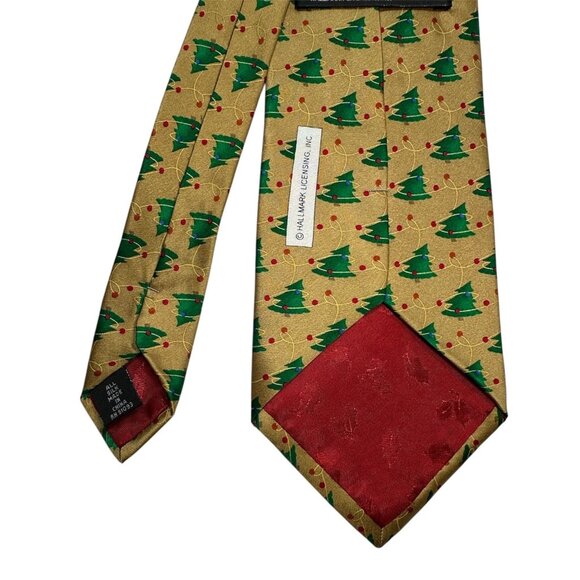 Holiday Traditions Christmas Tree Pattern Silk Tie Gold & Green By Hallmark Lice - Picture 4 of 8